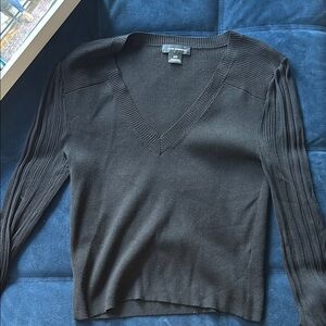 V-Neck Ribbed Sweater - Black - sheer sleeves. Club Monaco